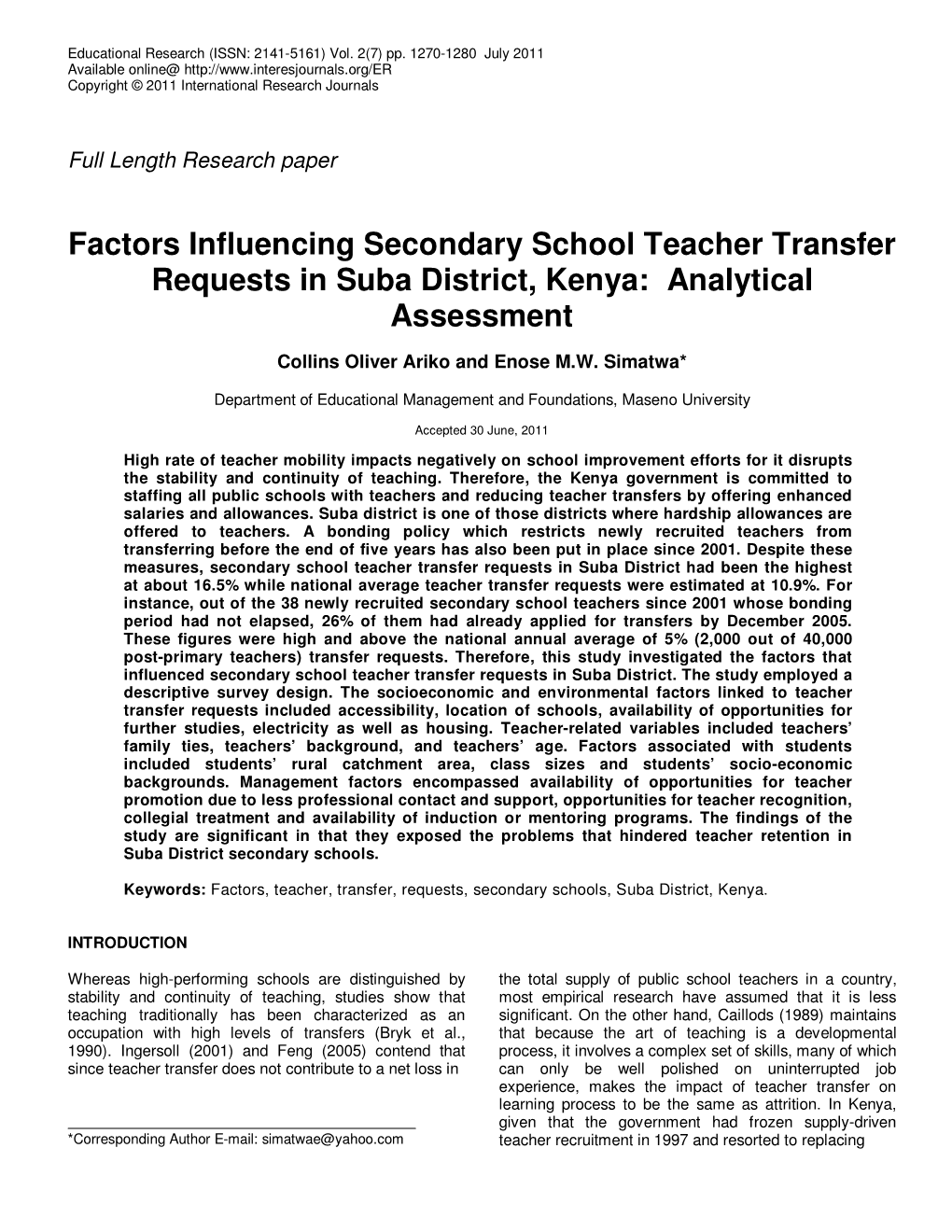 Factors Influencing Secondary School Teacher Transfer Requests in Suba District, Kenya: Analytical Assessment