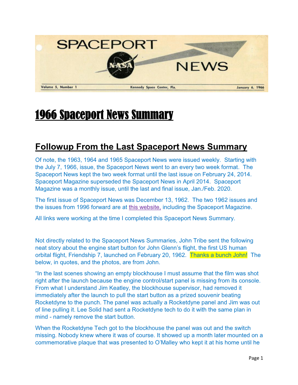 1966 Spaceport News Summary