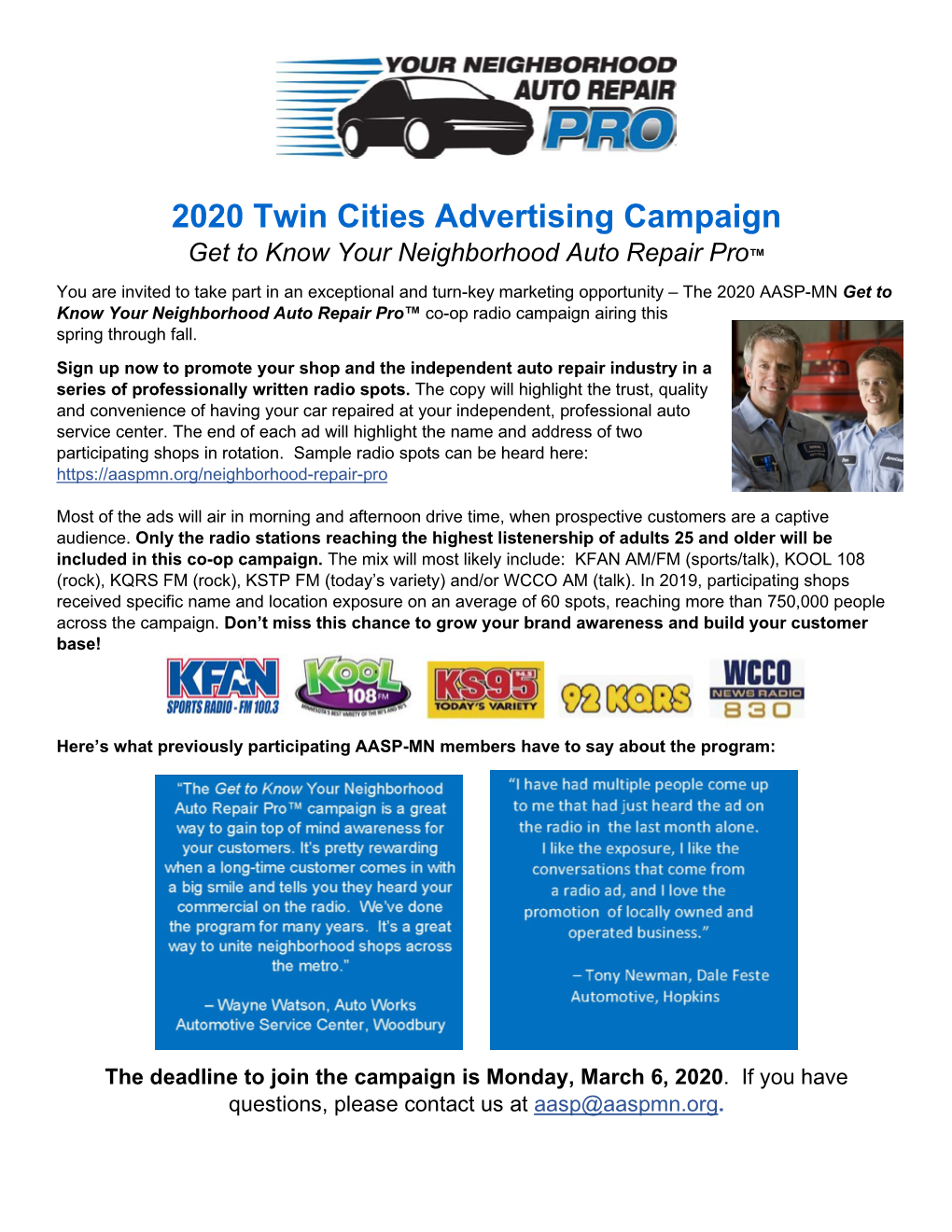 2020 Twin Cities Advertising Campaign Get to Know Your Neighborhood Auto Repair Pro™