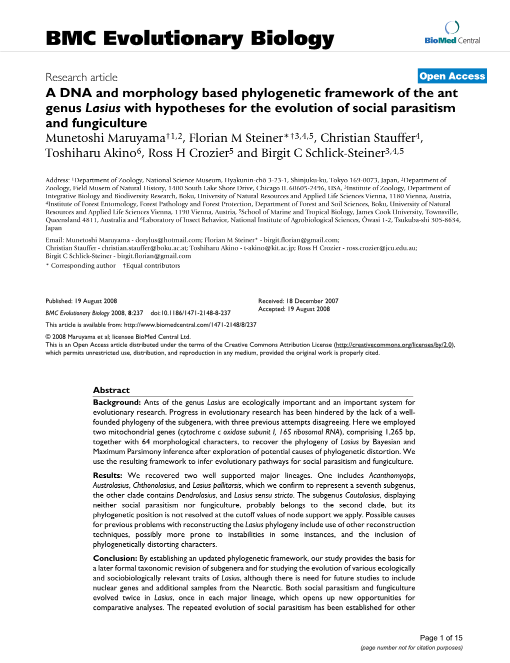 A DNA and Morphology Based Phylogenetic Framework of the Ant