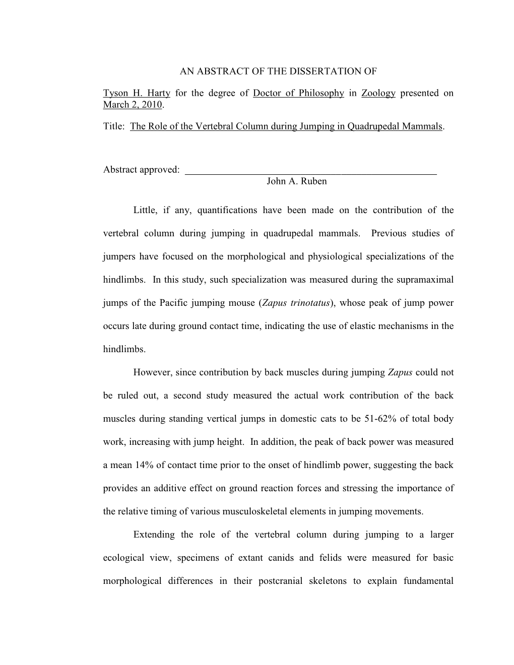 AN ABSTRACT of the DISSERTATION of Tyson H. Harty