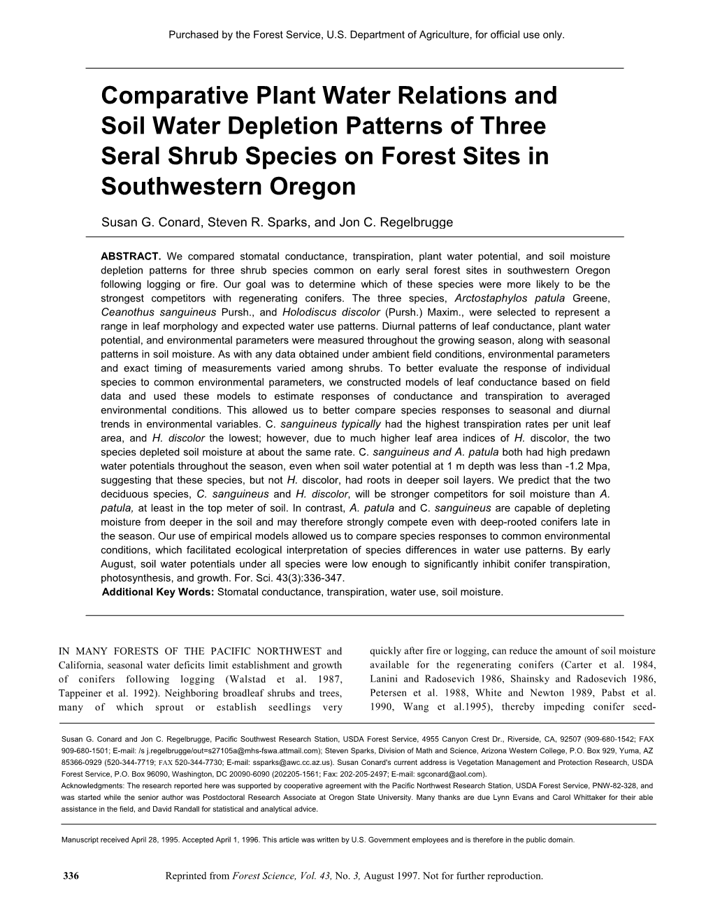 Comparative Plant Water Relations and Soil Water Depletion Patterns of Three Seral Shrub Species on Forest Sites in Southwestern Oregon