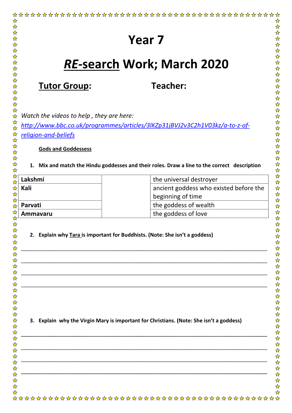 Year 7 RE-Search Work; March 2020 Tutor Group: Teacher