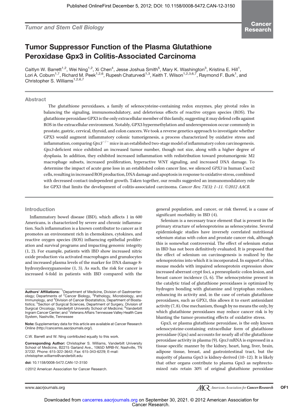 Tumor Suppressor Function of the Plasma Glutathione Peroxidase Gpx3 in Colitis-Associated Carcinoma