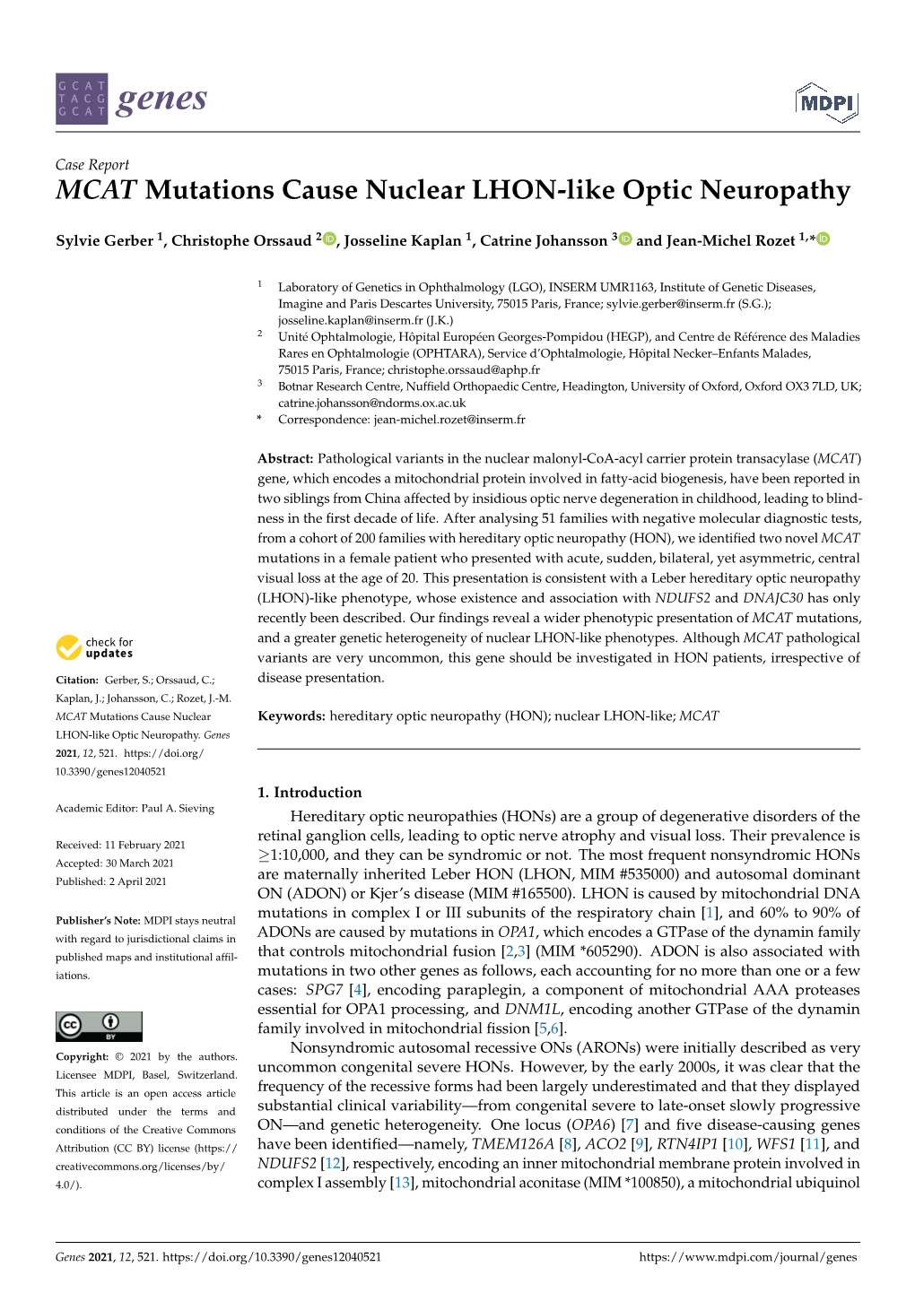 MCAT Mutations Cause Nuclear LHON-Like Optic Neuropathy