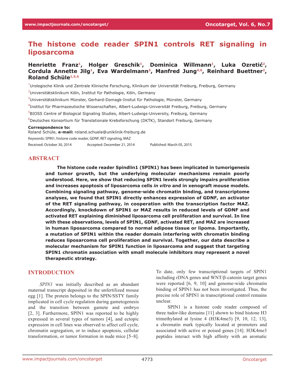 The Histone Code Reader SPIN1 Controls RET Signaling in Liposarcoma