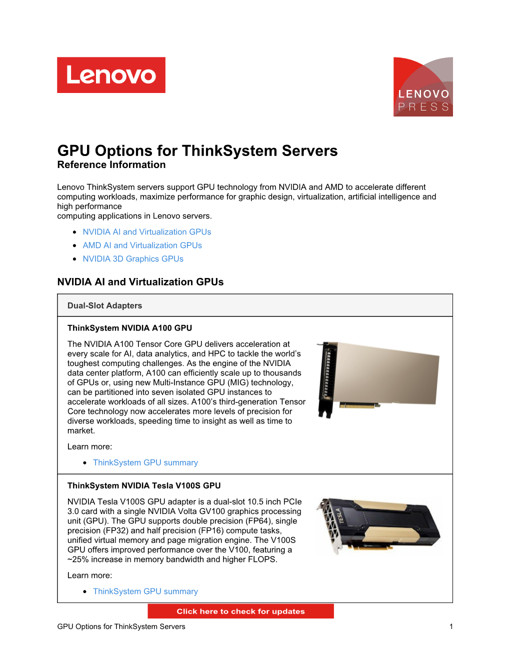 GPU Options for Thinksystem Servers Reference Information