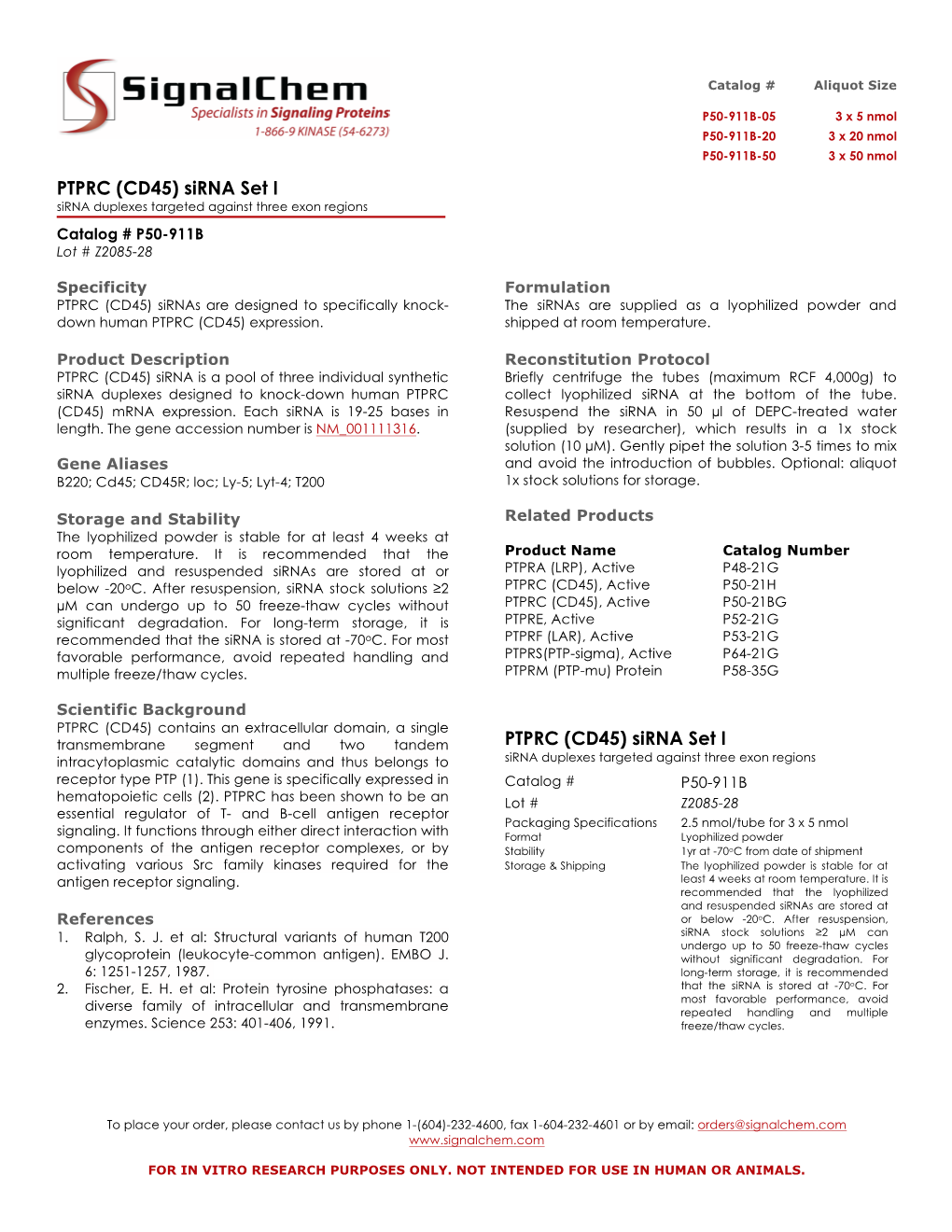 PTPRC (CD45) Sirna Set I Sirna Duplexes Targeted Against Three Exon Regions