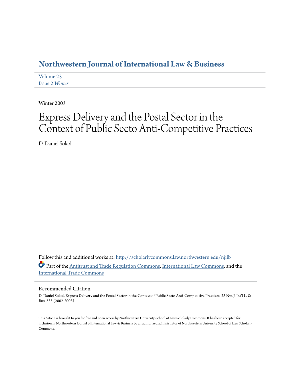 Express Delivery and the Postal Sector in the Context of Public Secto Anti-Competitive Practices D