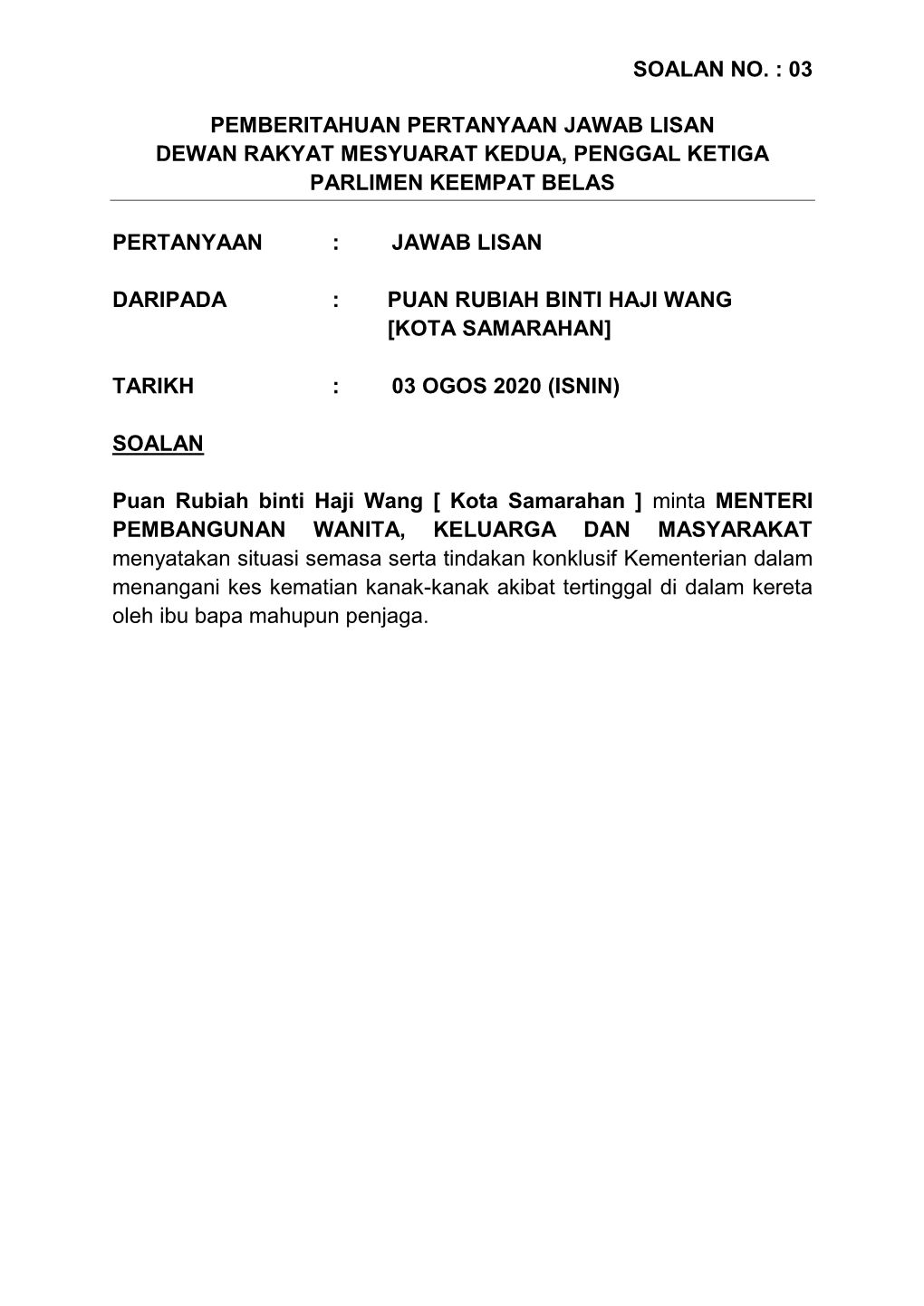 03 Pemberitahuan Pertanyaan Jawab Lisan Dewan Rakyat