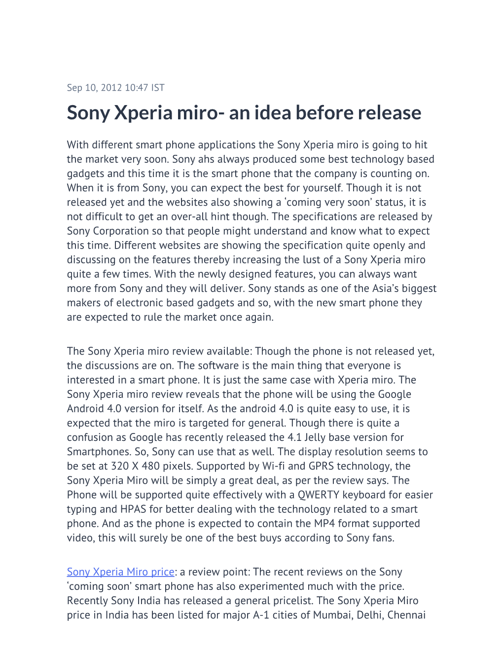 Sony Xperia Miro- an Idea Before Release