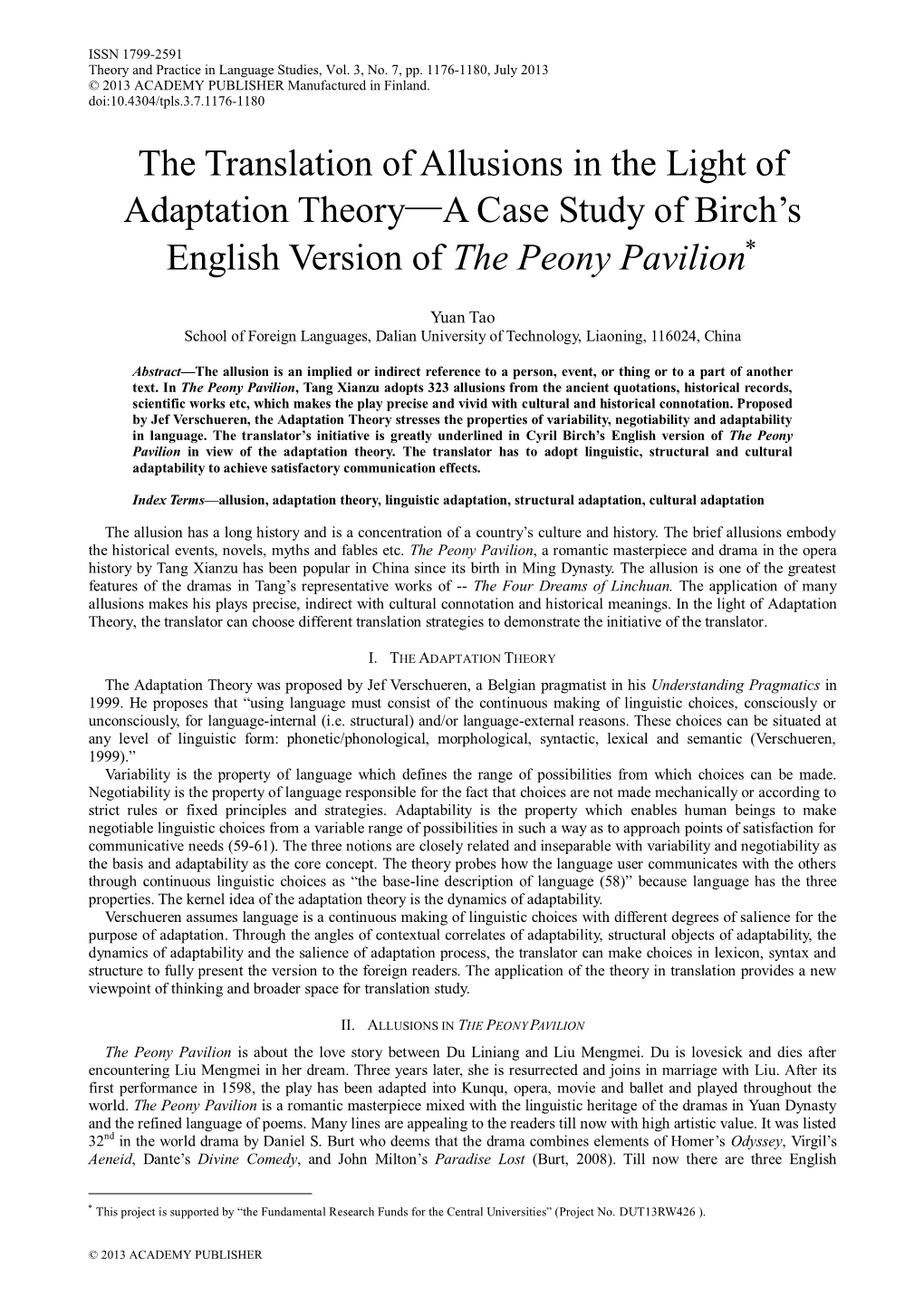 The Translation of Allusions in the Light of Adaptation Theory—A Case Study of Birch‟S English Version of the Peony Pavilion