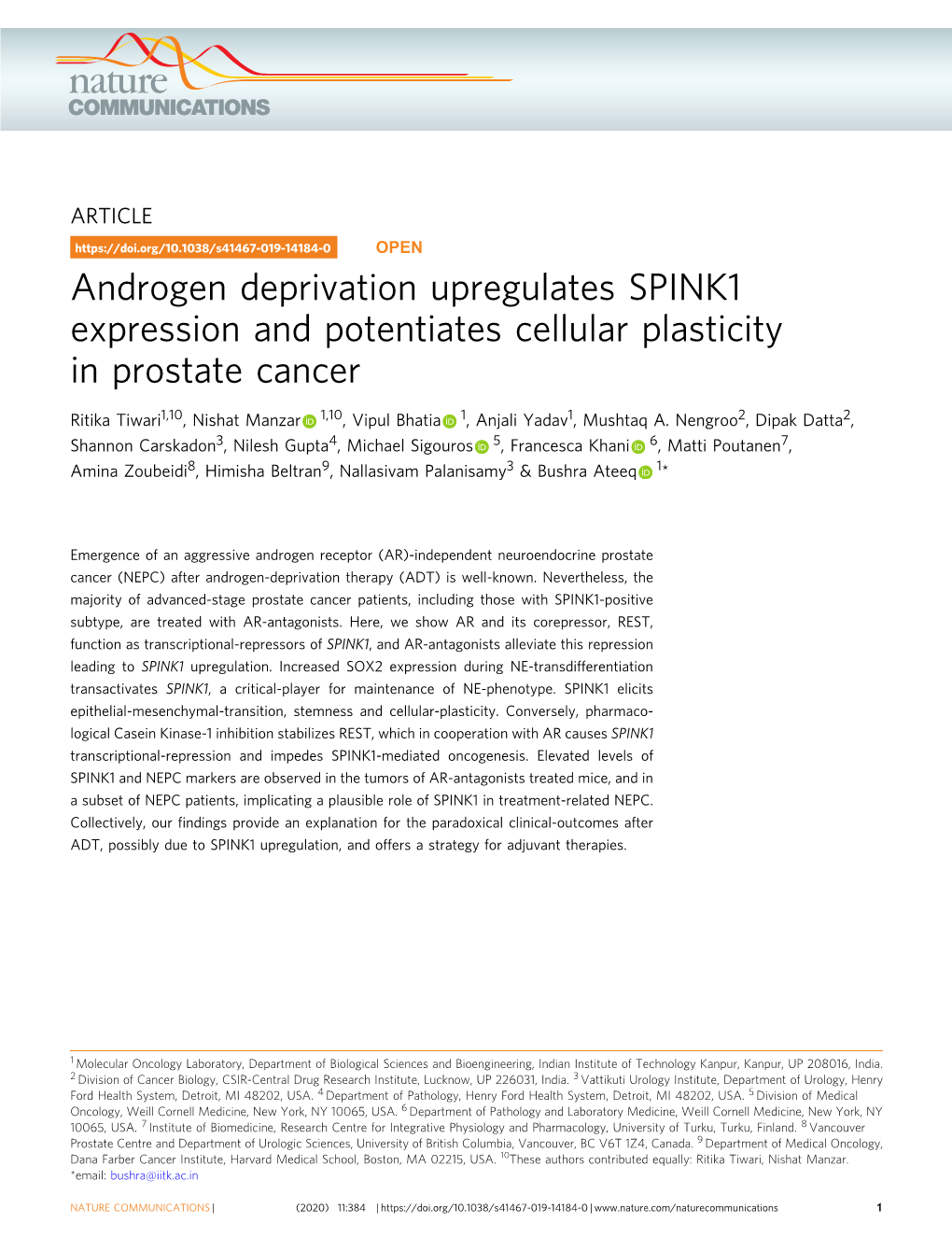 Androgen Deprivation Upregulates SPINK1 Expression and Potentiates Cellular Plasticity in Prostate Cancer