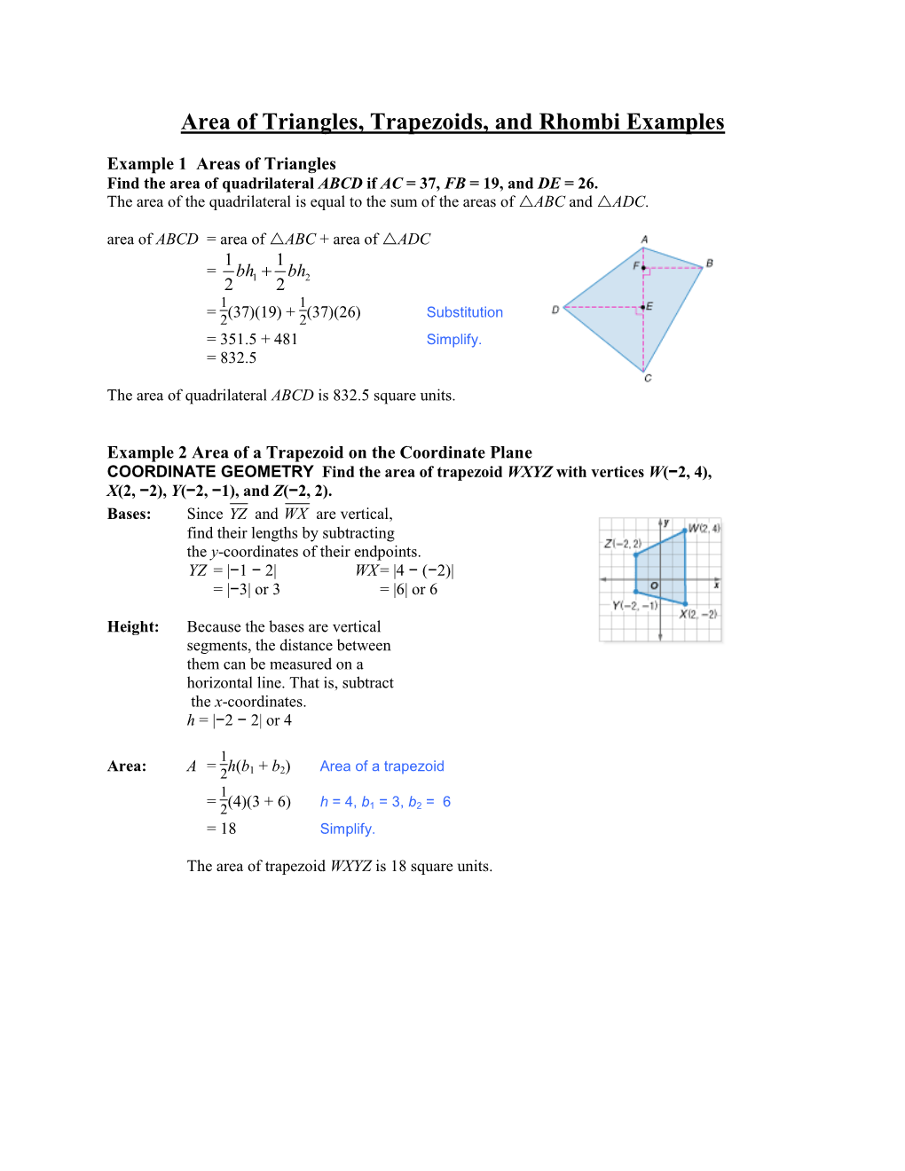 Area of Triangles, Trapezoids, and Rhombi Examples