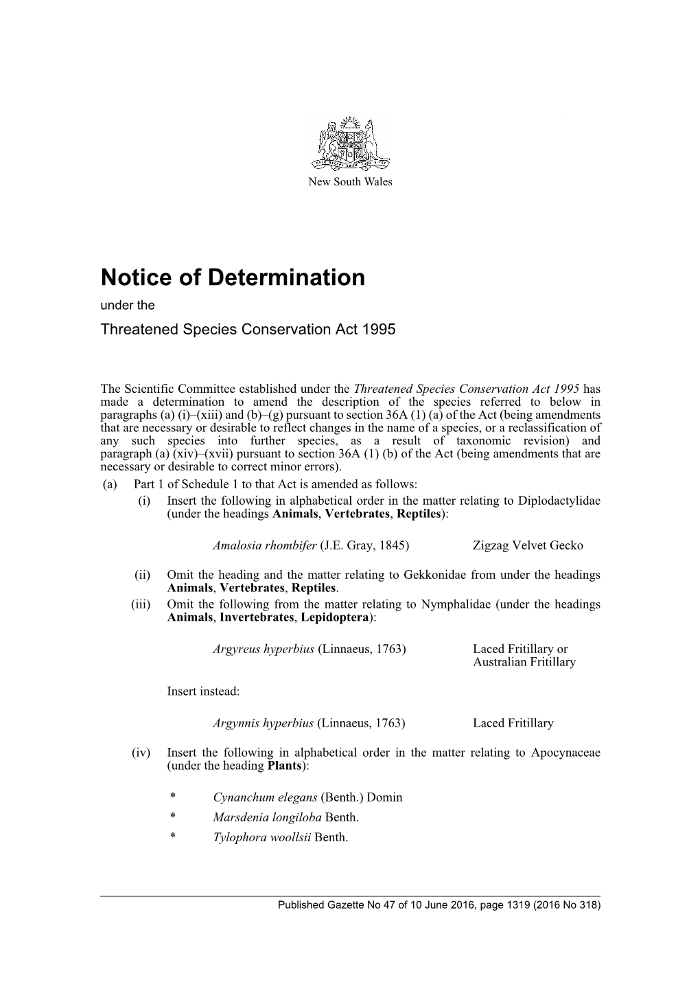 Notice of Determination Under the Threatened Species Conservation Act 1995