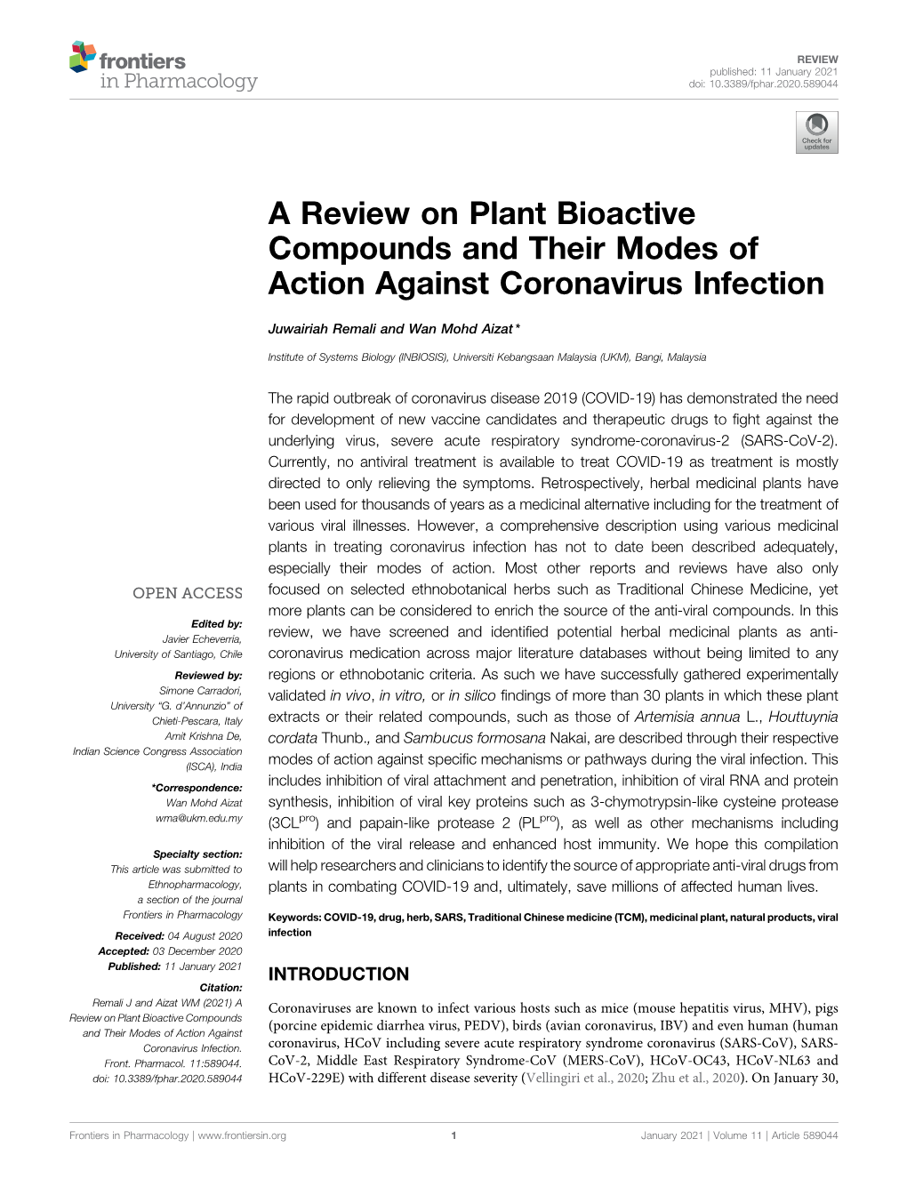 A Review on Plant Bioactive Compounds and Their Modes of Action Against Coronavirus Infection