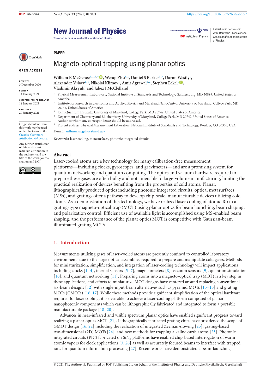 Magneto-Optical Trapping Using Planar Optics