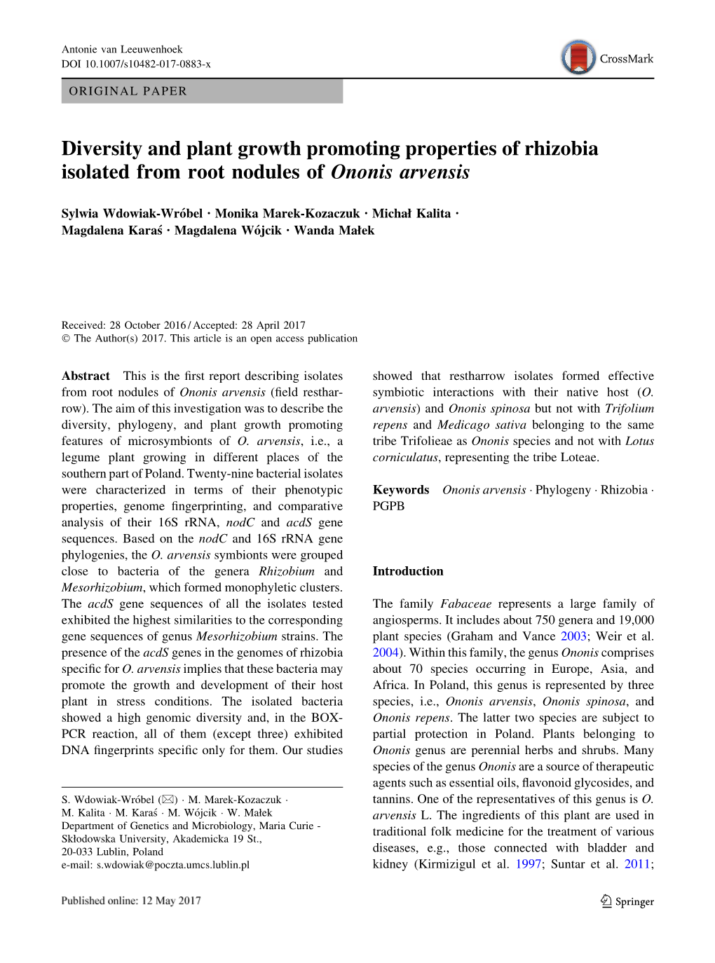 Diversity and Plant Growth Promoting Properties of Rhizobia Isolated from Root Nodules of Ononis Arvensis