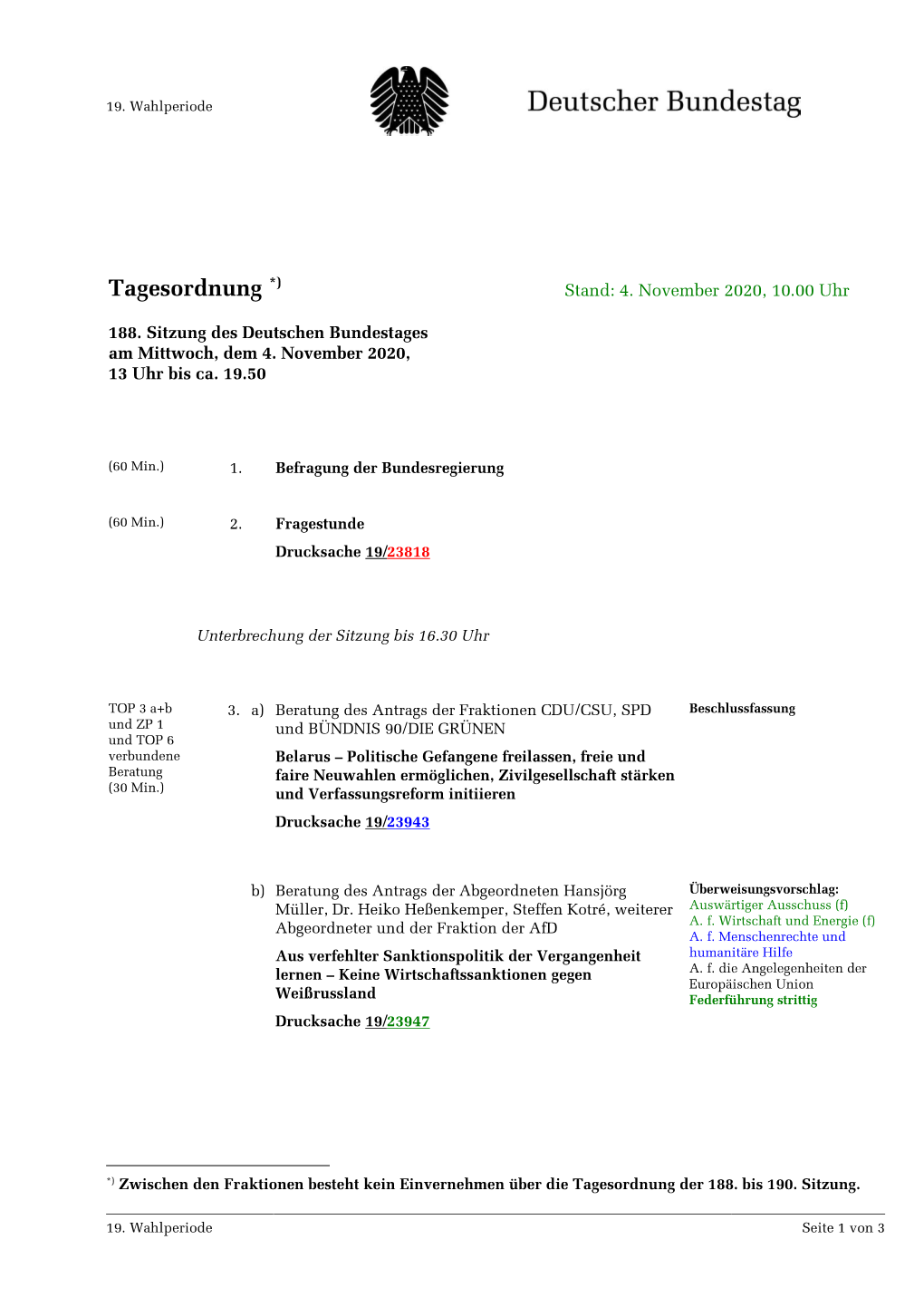 Amtliche Tagesordnung Der 188. Sitzung Des 19