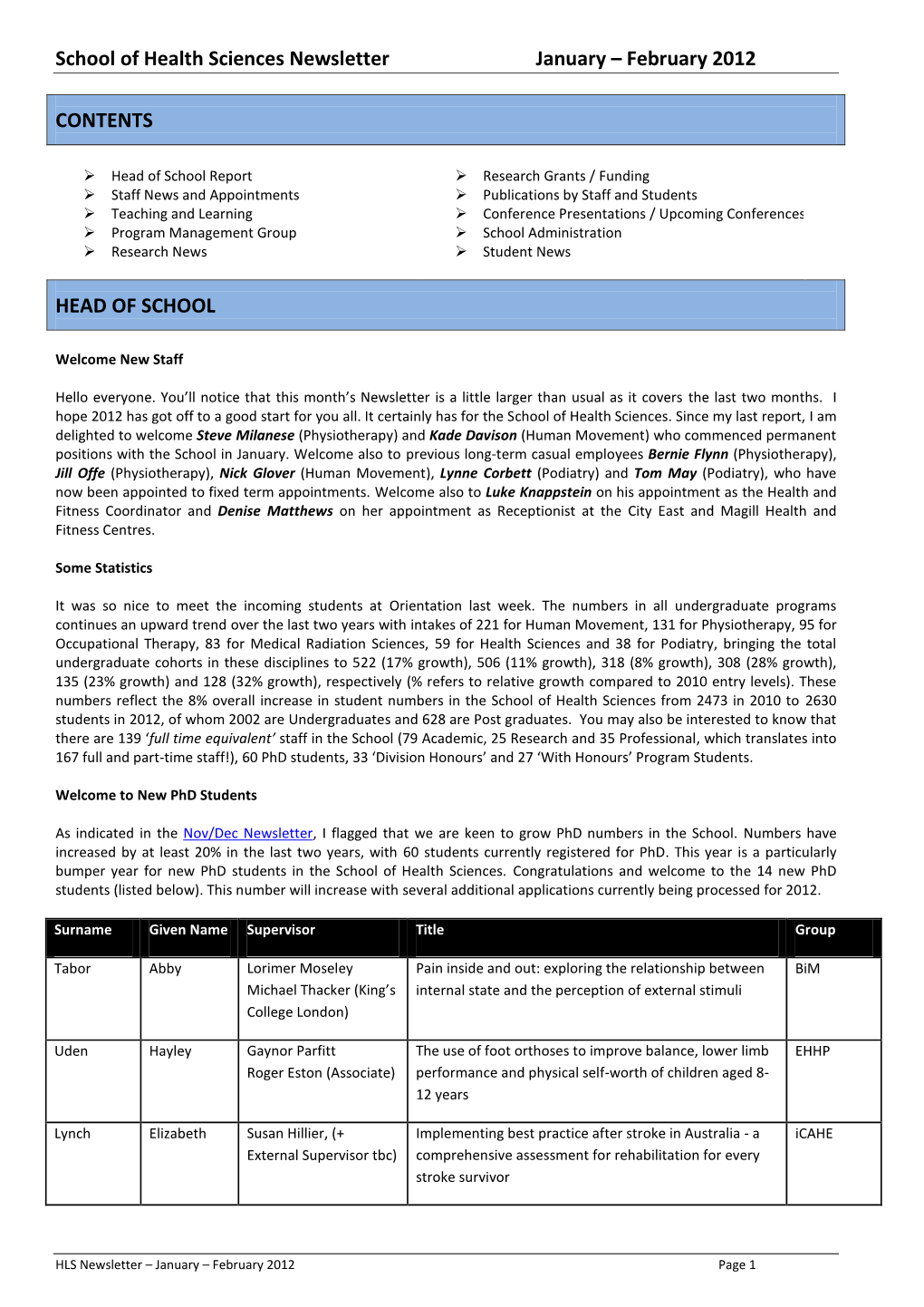 School of Health Sciences Newsletter January – February 2012