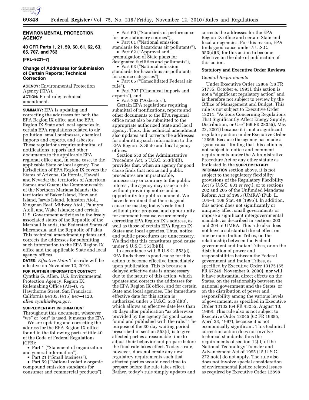 Federal Register/Vol. 75, No. 218/Friday, November 12, 2010