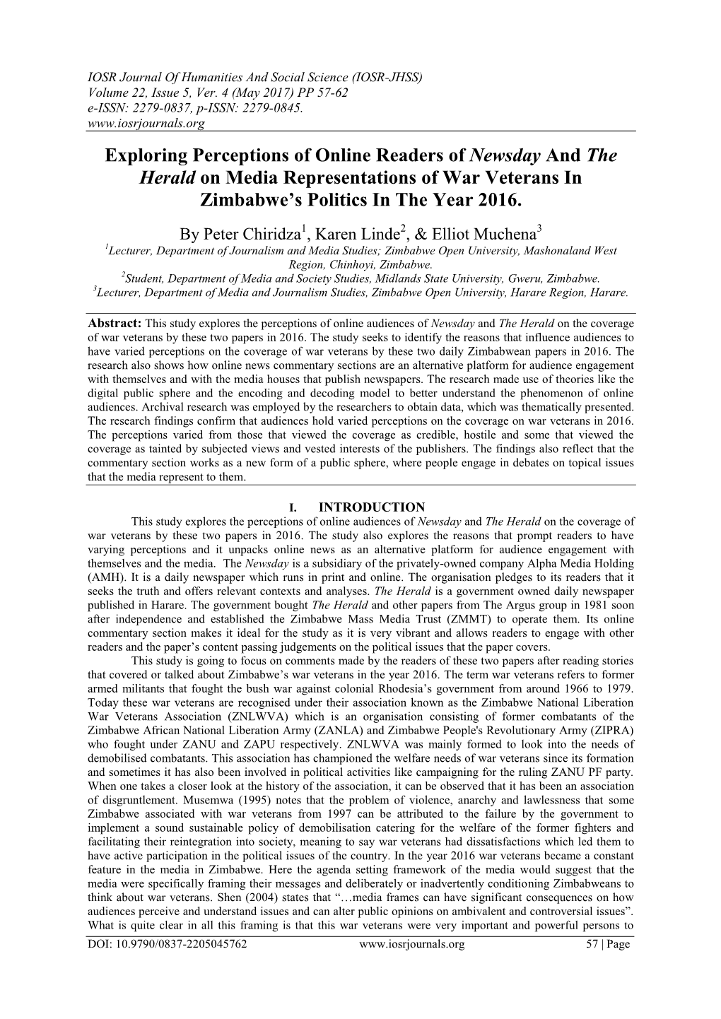 Exploring Perceptions of Online Readers of Newsday and the Herald on Media Representations of War Veterans in Zimbabwe's Polit