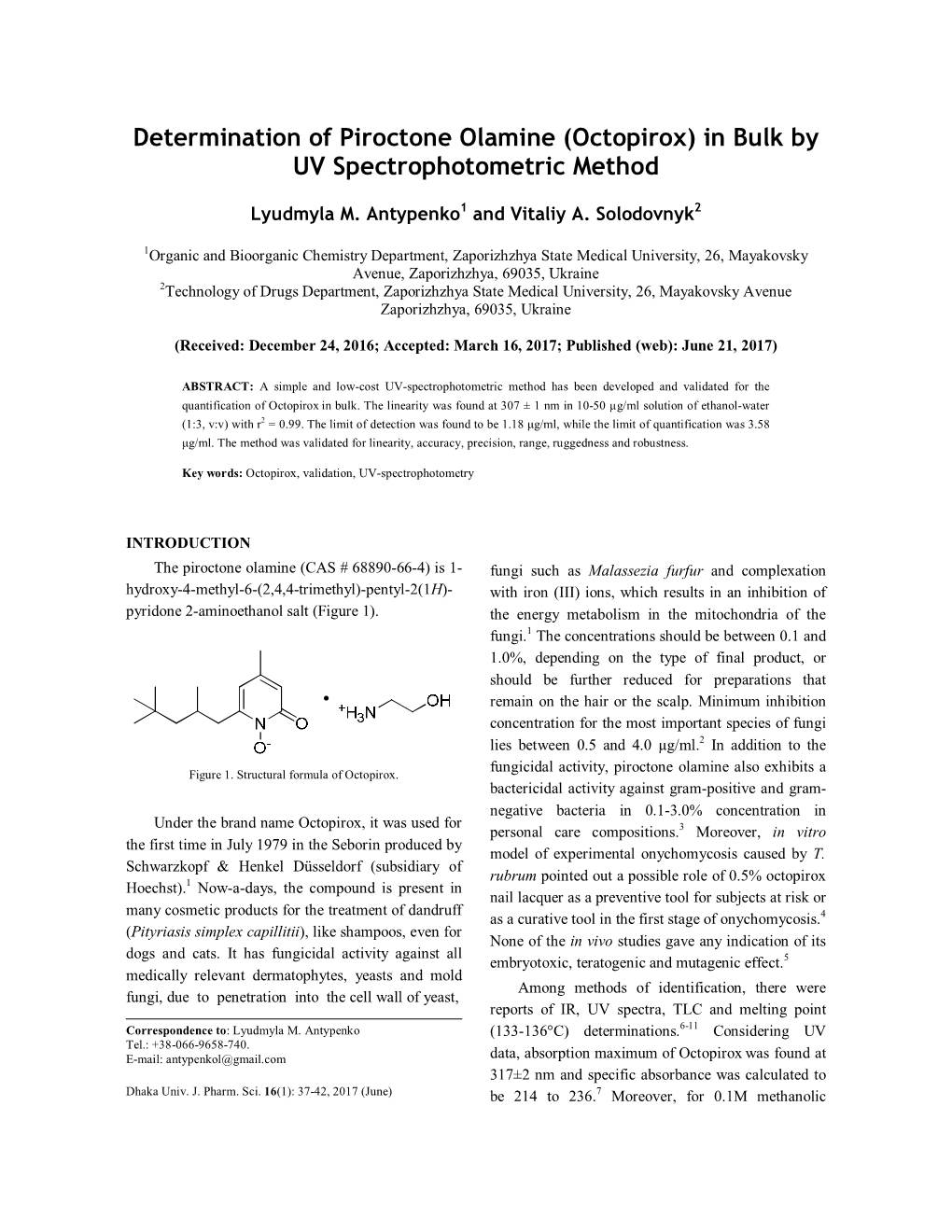Determination of Рiroctone Olamine (Octopirox) in Bulk by UV Spectrophotometric Method