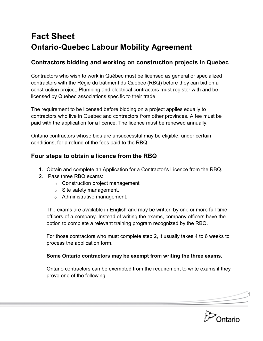 Fact Sheet Ontario-Quebec Labour Mobility Agreement