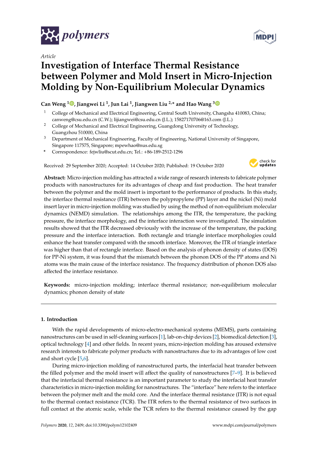 Investigation of Interface Thermal Resistance Between Polymer and Mold Insert in Micro-Injection Molding by Non-Equilibrium Molecular Dynamics