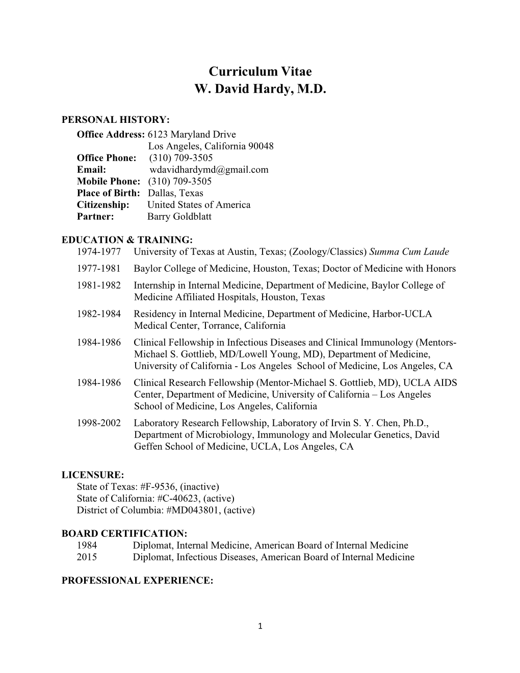 Curriculum Vitae W. David Hardy, MD