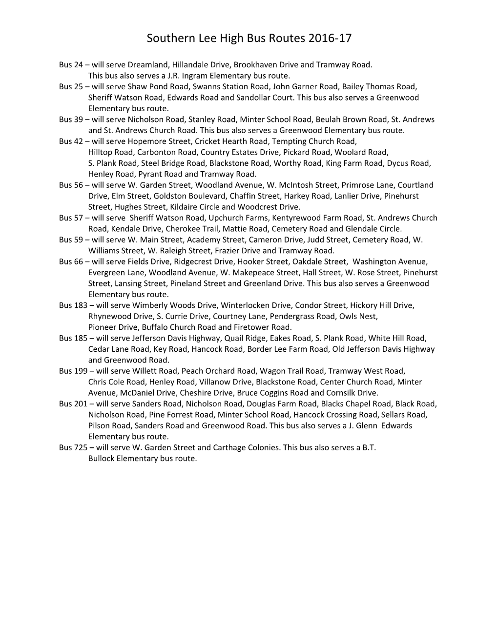 Southern Lee High Bus Routes 2016-17