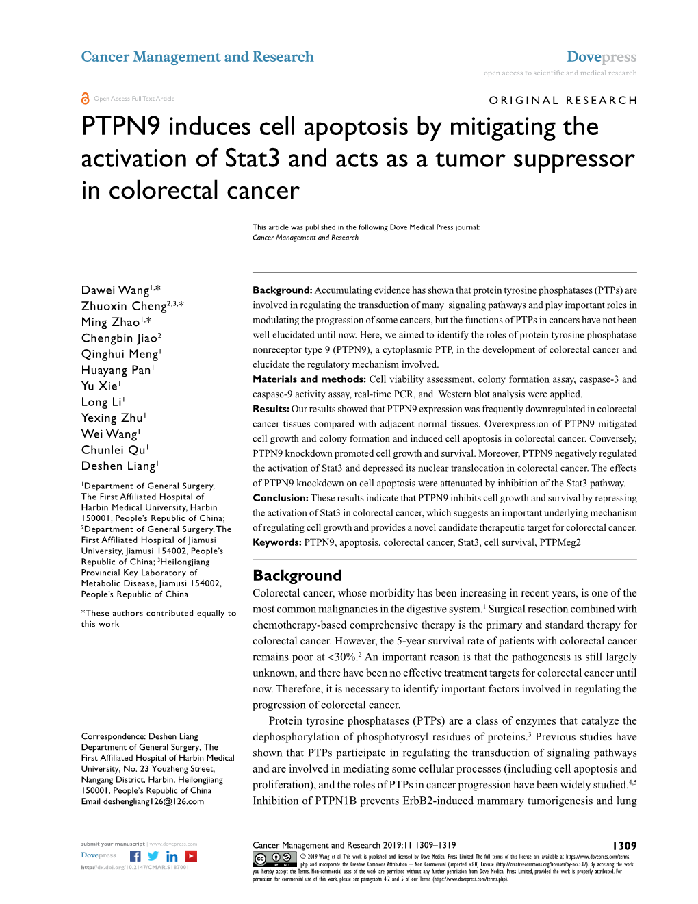 PTPN9 Induces Cell Apoptosis by Mitigating the Activation of Stat3 and Acts As a Tumor Suppressor in Colorectal Cancer