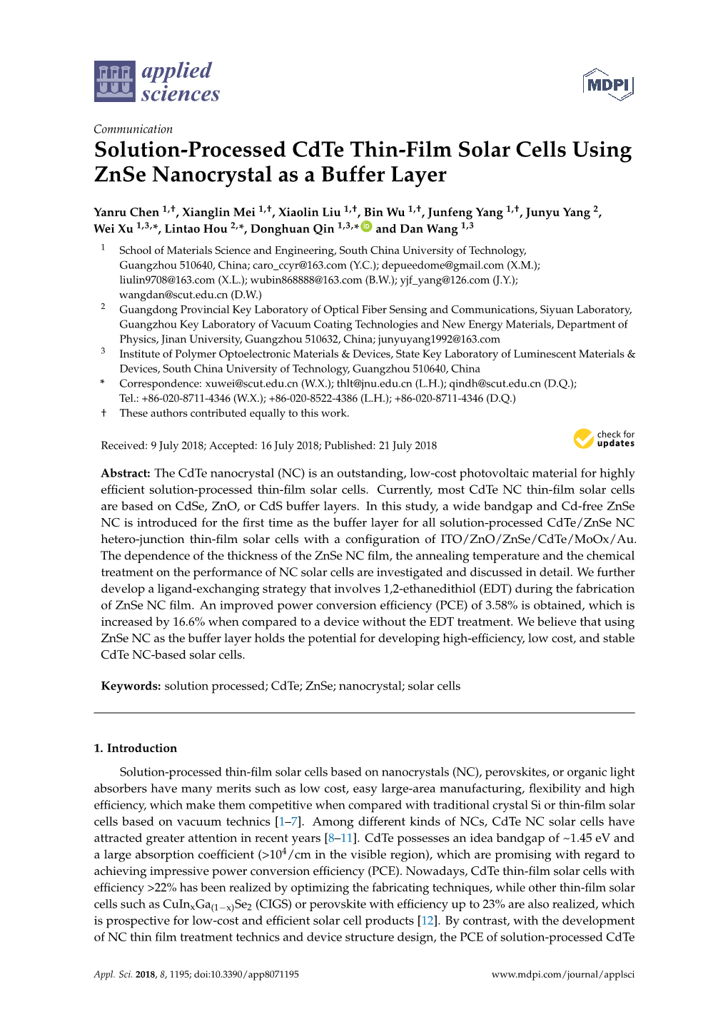 Solution-Processed Cdte Thin-Film Solar Cells Using Znse Nanocrystal As a Buffer Layer