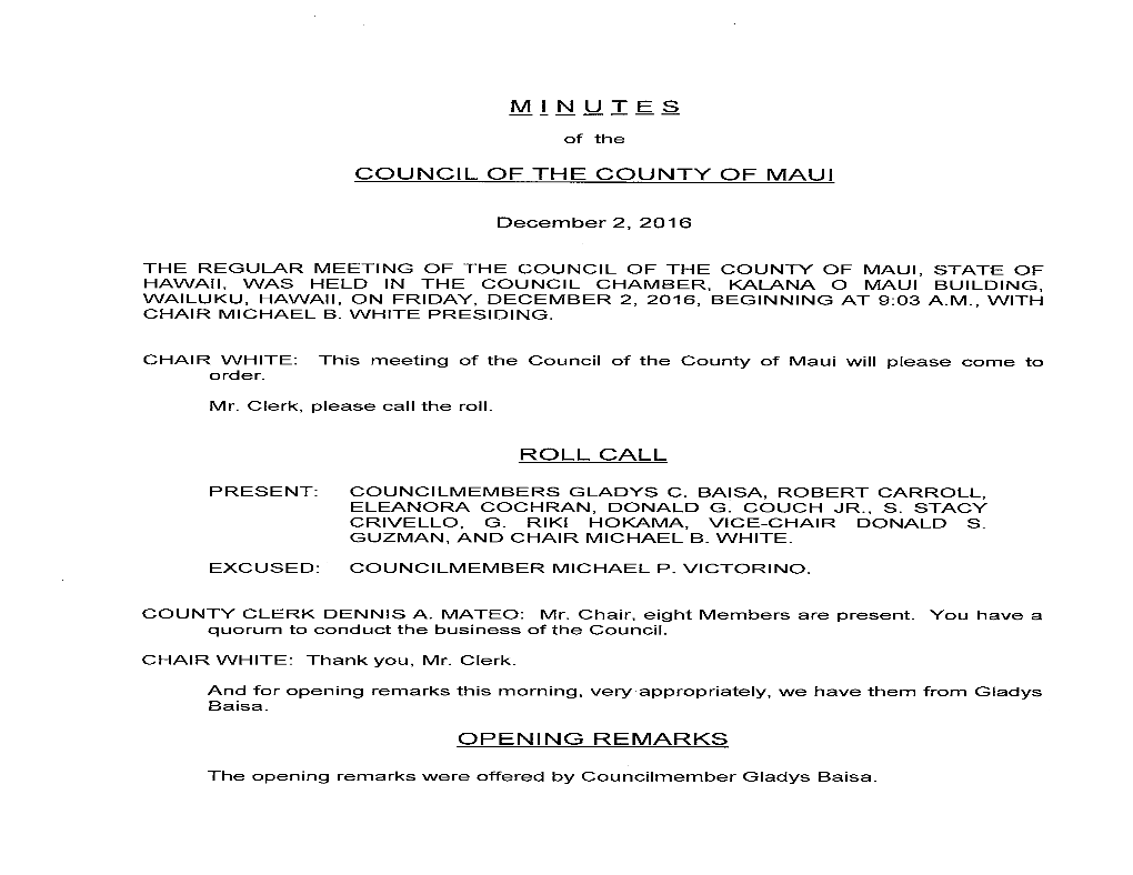 Minutes Council of the County of Maui Roll Call