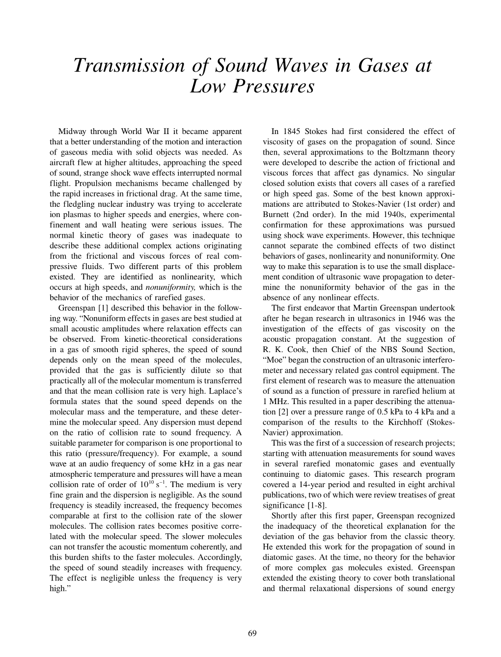 Transmission of Sound Waves in Gases at Low Pressures