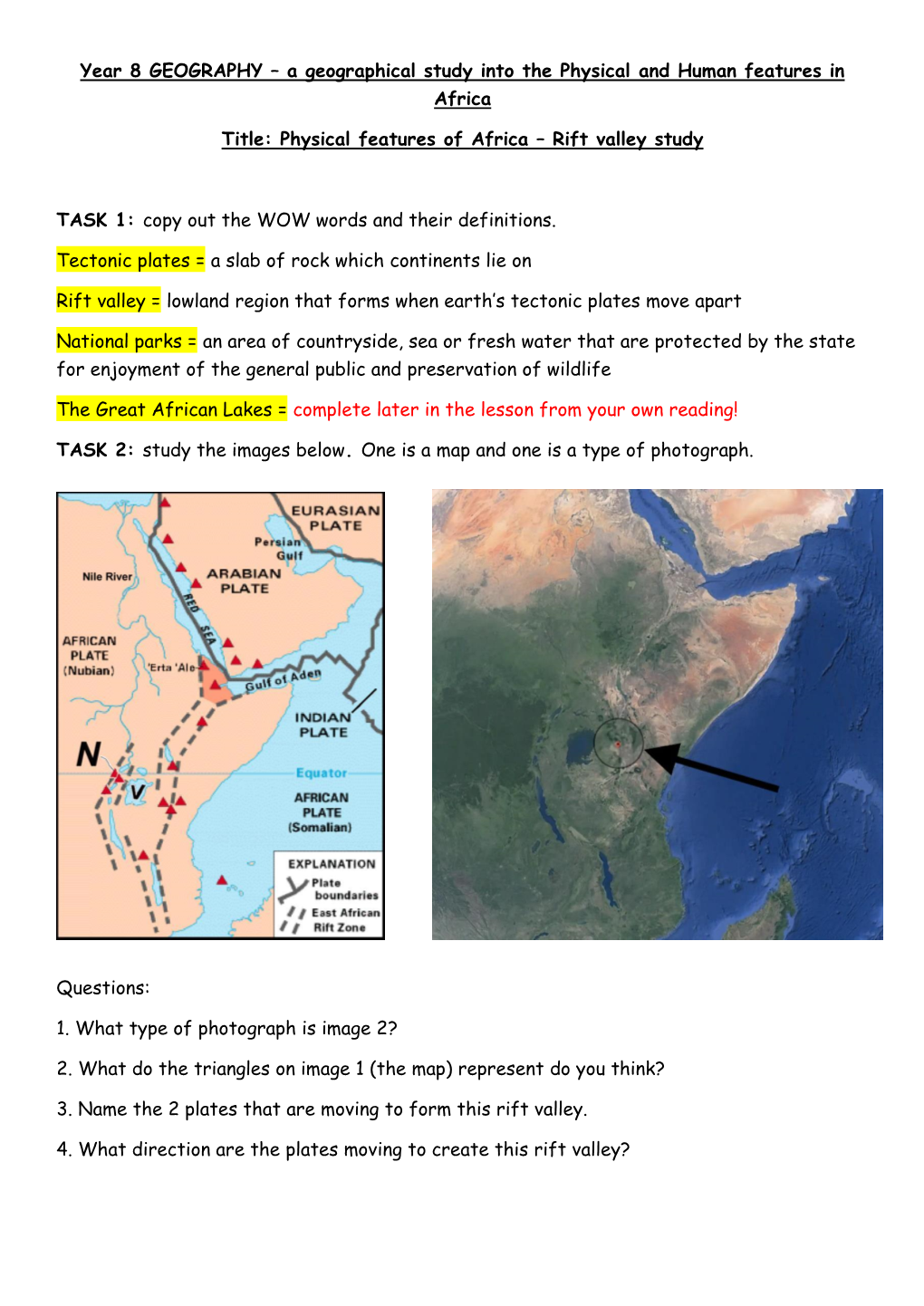Year 8 GEOGRAPHY – a Geographical Study Into the Physical and Human Features in Africa