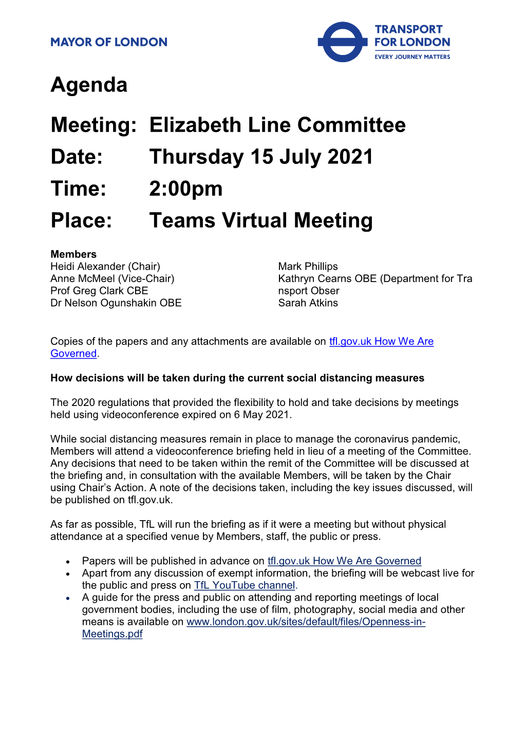 Agenda Meeting: Elizabeth Line Committee Date