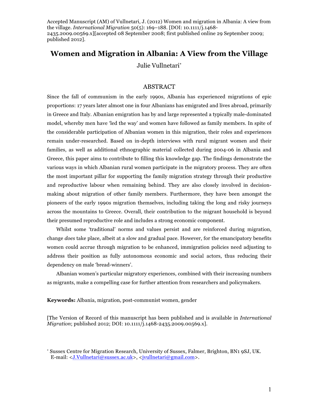 Women and Migration in Albania: a View from the Village