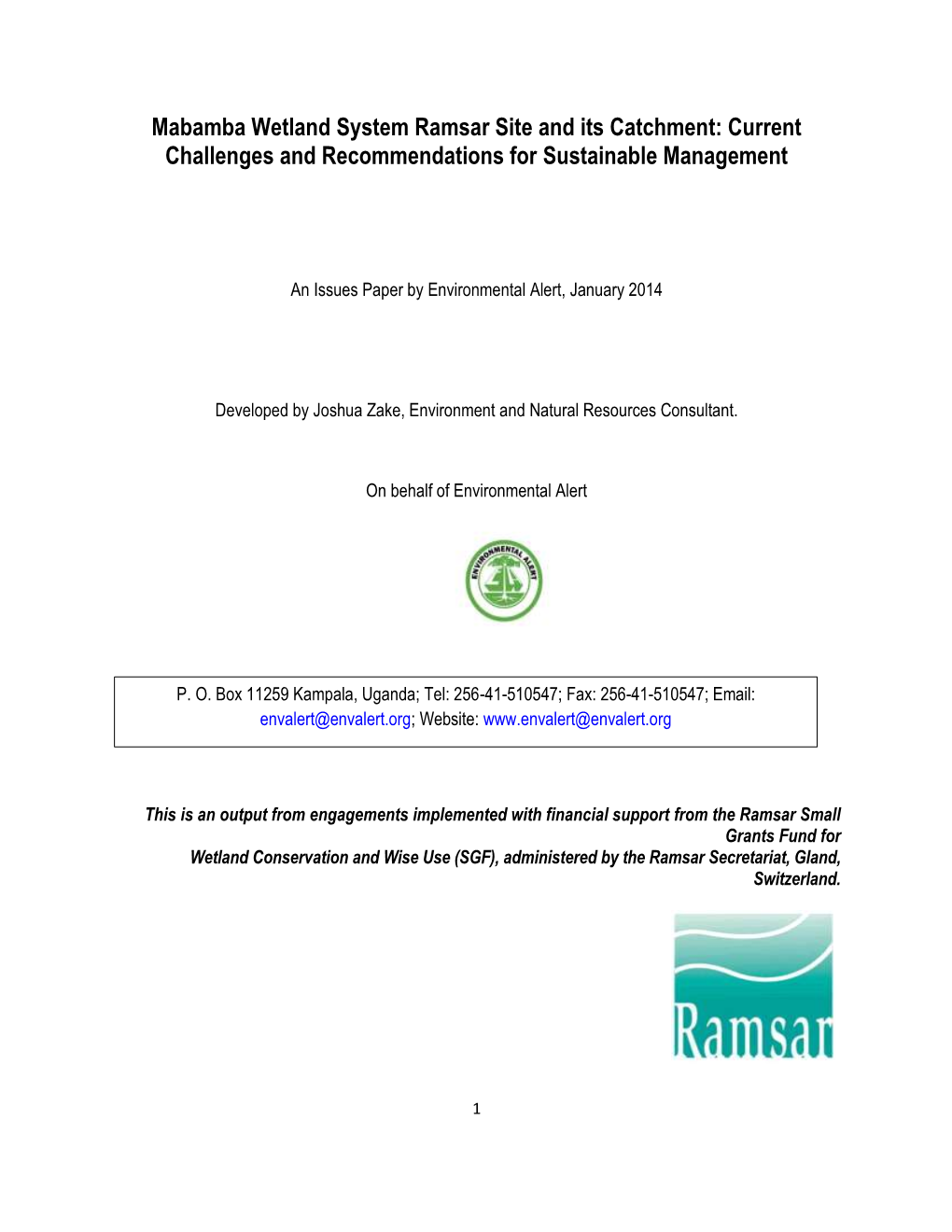 Mabamba Wetland System Ramsar Site and Its Catchment: Current Challenges and Recommendations for Sustainable Management