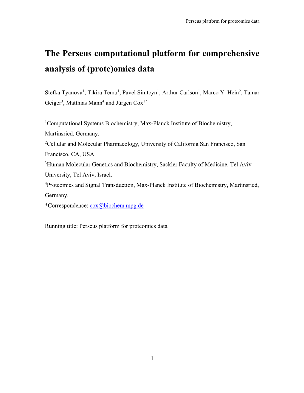 The Perseus Computational Platform for Comprehensive Analysis of (Prote)Omics Data