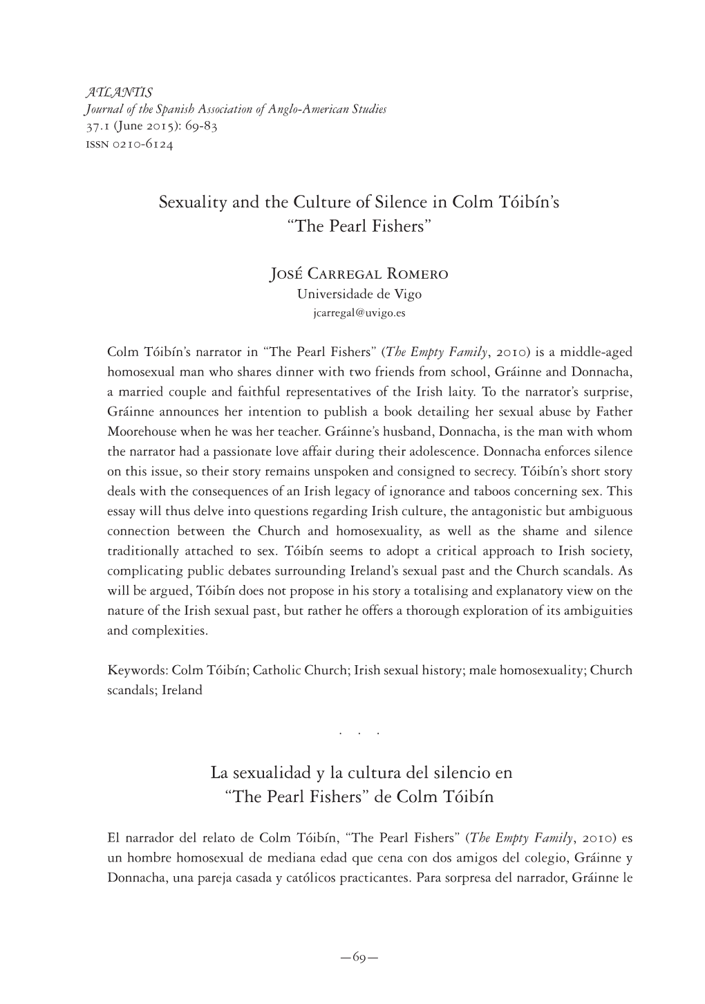 Sexuality and the Culture of Silence in Colm Tóibín's “The Pearl Fishers