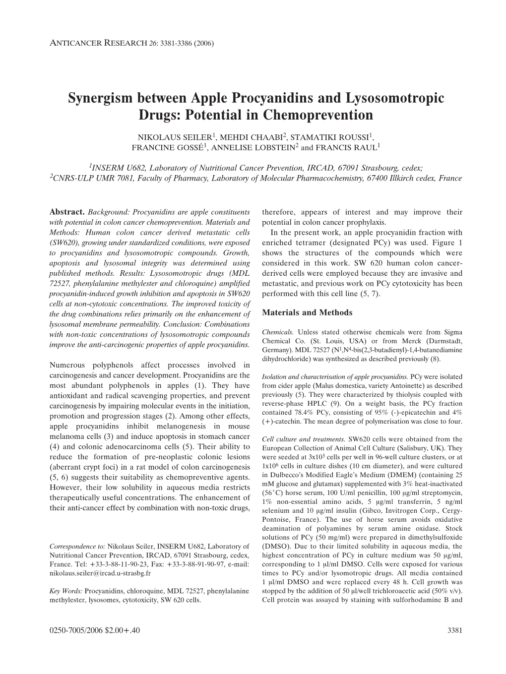 Synergism Between Apple Procyanidins and Lysosomotropic Drugs: Potential in Chemoprevention