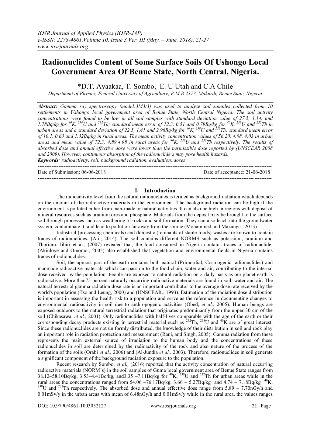 Radionuclides Content of Some Surface Soils of Ushongo Local Government Area of Benue State, North Central, Nigeria