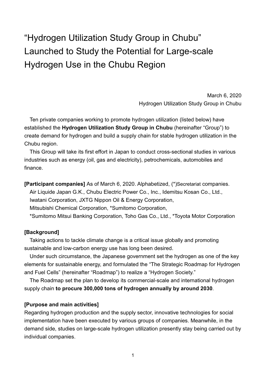 “Hydrogen Utilization Study Group in Chubu” Launched to Study the Potential for Large-Scale Hydrogen Use in the Chubu Region
