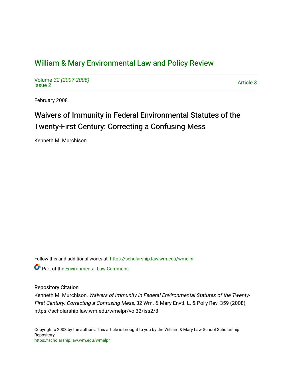 Waivers of Immunity in Federal Environmental Statutes of the Twenty-First Century: Correcting a Confusing Mess