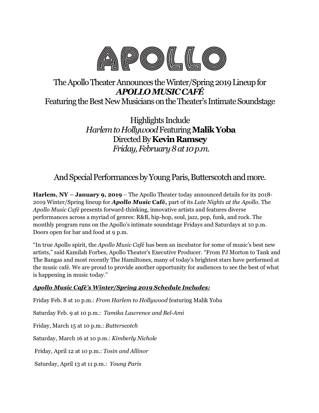 The Apollo Theater Announces the Winter/Spring 2019 Lineup for APOLLO MUSIC CAFÉ Featuring the Best New Musicians on the Theater’S Intimate Soundstage