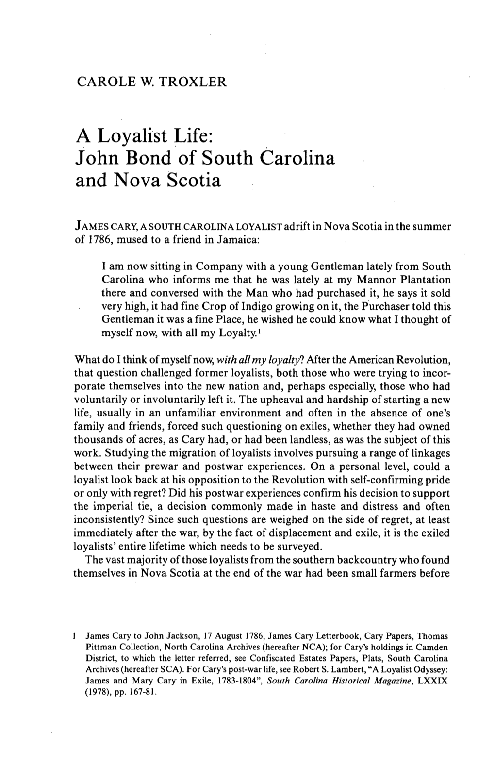 A Loyalist Life: John Bond of South Carolina and Nova Scotia