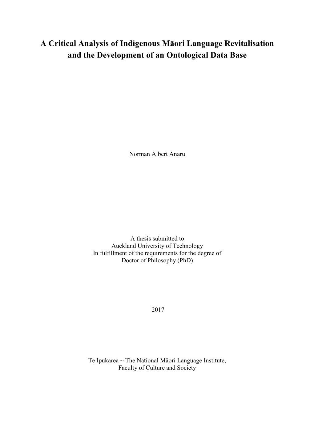 A Critical Analysis of Indigenous Māori Language Revitalisation and the Development of an Ontological Data Base