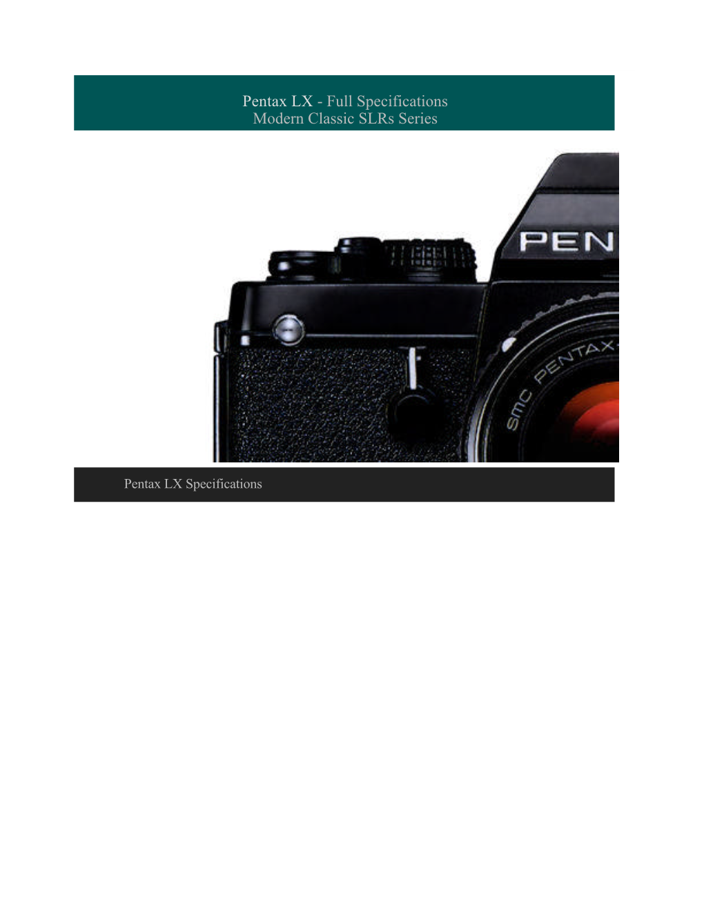 Pentax LX - Full Specifications Modern Classic Slrs Series
