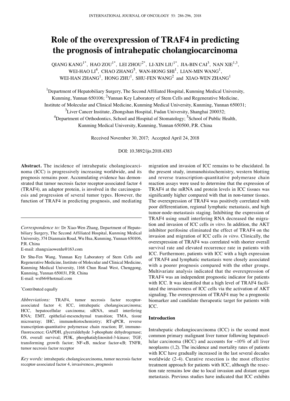 Role of the Overexpression of TRAF4 in Predicting the Prognosis of Intrahepatic Cholangiocarcinoma